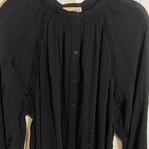 Black Button-Up Long Sleeve Blouse with intricate lace accents, Universal Thread
